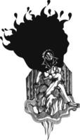A mysterious looks like king or queen with flowing, flame like cloack sits upon a cloud like throne, exuding an aura of power and darkness. vector