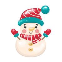 Cute snowman in a hat, scarf and mittens in cartoon style. Stock isolated clipart on a white background. vector