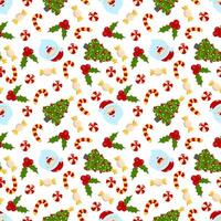 Christmas pattern with Santa, Christmas tree, holly and sweets. Colorful cute hand drawn seamless pattern background. Can be used for celebration, advertisement, Christmas, New Year. vector