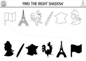 France black and white shadow matching activity. French puzzle with Marianne, map, Eiffel Tower, rooster, baguette. Find correct silhouette worksheet. Funny coloring page for kids vector