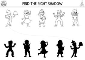 France black and white shadow matching activity. Puzzle with French people. Find correct silhouette printable line worksheet. Funny coloring page for kids with mime, chef, man with baguette vector