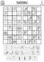 France sudoku puzzle for kids with pictures. Simple black and white French quiz with cut and glue elements. Education activity or coloring page with macaroon, beret, dogs. Draw missing objects vector