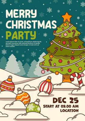 Merry Christmas party poster with Christmas tree and Christmas Ornaments.