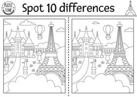 Find differences game for children. Educational black and white activity with cute scene in park, castle, Eiffel Tower. Puzzle for kids with French scenery. Printable worksheet or coloring page vector