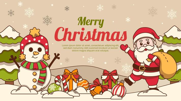 Merry Christmas background with Santa Claus, Snowman, Christmas tree and Christmas Ornaments.