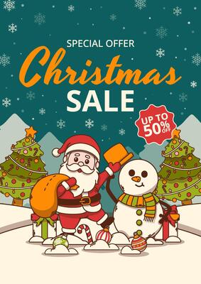 Merry Christmas sale background with Santa Claus, Snowman, Christmas tree and Christmas Ornaments.
