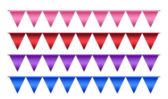 Set of four colorful bunting banners. Bunting feature pink, red, purple, and blue triangular flags, perfect for adding a celebratory feel to your projects. For invitations, posters, websites vector