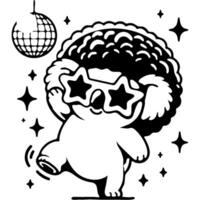 Funny baby koala in disco glasses dancing on dance floor in a curly wig in monochrome. Simple minimalistic in black ink drawing on white background vector