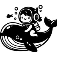 Diver rides whale in monochrome. Simple minimalistic in black ink drawing on white background vector