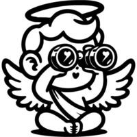 Angel Cupid watches lovers through binoculars in monochrome. Simple minimalistic in black ink drawing on white background vector