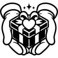 Hands of lover present gift box with surprise in monochrome. Simple minimalistic in black ink drawing on white background vector