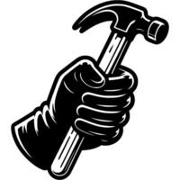 Thief hand wearing a black glove holds a hammer with a crowbar to pick a lock in monochrome. Simple minimalistic in black ink drawing on white background vector