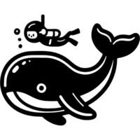 Research diver swims next to huge whale in monochrome. Simple minimalistic in black ink drawing on white background vector