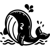 Playful whale jumps out of water and sends out spray in monochrome. Simple minimalistic in black ink drawing on white background vector