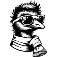 Fashionable portrait of Australian emu wearing hipster glasses and scarf in monochrome. Simple minimalistic in black ink drawing on white background vector