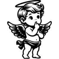 Angel Cupid with wings behind his back and halo above head thought in monochrome. Simple minimalistic in black ink drawing on white background vector