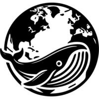 Huge blue whale against backdrop of planet Earth. Whale Protection Day in monochrome. Simple minimalistic in black ink drawing on white background vector