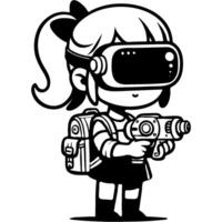 Girl with glasses holding toy blaster for competition in monochrome. Simple minimalistic in black ink drawing on white background vector