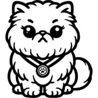 Persian cat sits with a medal on his neck as the winner of a cat show in monochrome. Simple minimalistic in black ink drawing on white background vector