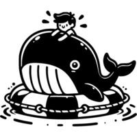 Boy saves whale swims on lifebuoy in monochrome. Simple minimalistic in black ink drawing on white background vector