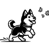 Young husky puppy happily chasing flying butterflies in monochrome. Simple minimalistic in black ink drawing on white background vector