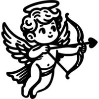 Angel Cupid aims a magic arrow from his bow in monochrome. Simple minimalistic in black ink drawing on white background vector