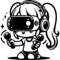 Girl in virtual reality glasses plays a game with manipulators in her hands in monochrome. Simple minimalistic in black ink drawing on white background vector