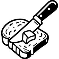 Kitchen knife spreads butter on crusty bread in monochrome. Simple minimalistic in black ink drawing on white background vector
