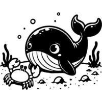Curious baby whale studies crab on seabed in monochrome. Simple minimalistic in black ink drawing on white background vector