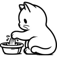 Small white kitten plays with its paw with water poured into a bowl in monochrome. Simple minimalistic in black ink drawing on white background vector