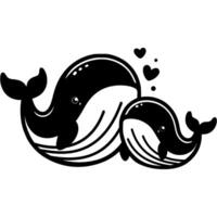 Loving family of mother and baby whale in monochrome. Simple minimalistic in black ink drawing on white background vector