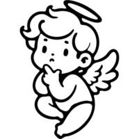 Angel Cupid thought in flight chooses next target in monochrome. Simple minimalistic in black ink drawing on white background vector