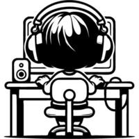 Boy in headphones sitting at computer desk playing game, view from back vector