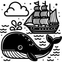 Huge whale accompanies an old sailing ship in monochrome. Simple minimalistic in black ink drawing on white background vector