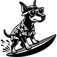 Doberman dog standing on surfboard dressed in Hawaiian clothes in monochrome. Simple minimalistic in black ink drawing on white background vector