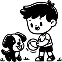 Boy owner plays ball with pet puppy in monochrome. Simple minimalistic in black ink drawing on white background vector