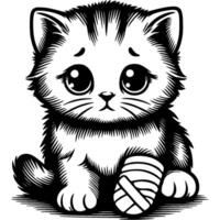 Homeless lost kitten with bandaged injured paw after vet visit in monochrome. Simple minimalistic in black ink drawing on white background vector