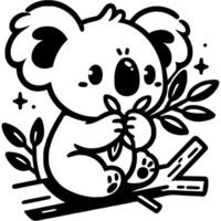 Plush Australian koala eats juicy eucalyptus leaves while sitting on a branch in monochrome. Simple minimalistic in black ink drawing on white background vector