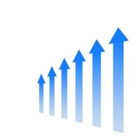 A series of blue arrows pointing upwards. The arrows are arranged in a row, with the first arrow pointing to the left and the last arrow pointing to the right. Concept of growth and progress vector