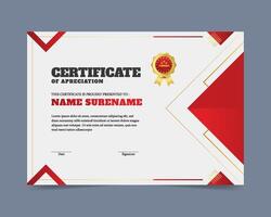Red elegant certificate template with badge design vector