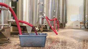 Close up red wine pouring to container for testing wine by giant cylinders. Wine produce processing steps, quality and industry business concept. video