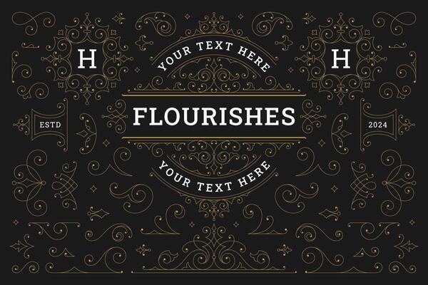 Golden ornate royal decorative element frame label scroll logo set illustration