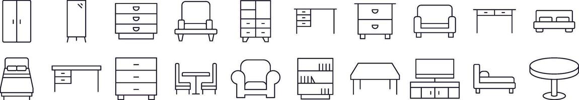 Table, Closet, Mirror, Chair and Table Line Icon Bundle. Editable Stroke. Minimalistic Linear Pictogram for Design of Cards, Apps, Banners, Posts vector