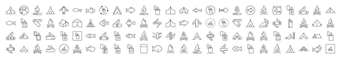 Camping Isolated Line Icons. Contains such Elements as Bonfire, Fish, Folding Knife, Tent, Lighter. It Can Be Used for Interface, Posts, Advertisements, Various Cards vector