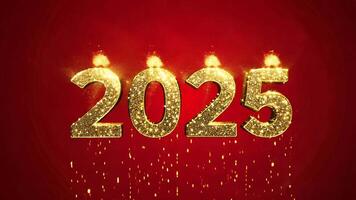 Golden 2025 Numbers with Sparkling Particles on Red Background. New Year Celebration video