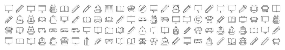 Pen, Presentation Board, Bus, School Bag, Book Line Icon Set. Editable Stroke. Minimalistic Linear Pictogram for Design of Cards, Apps, Banners, Posts vector