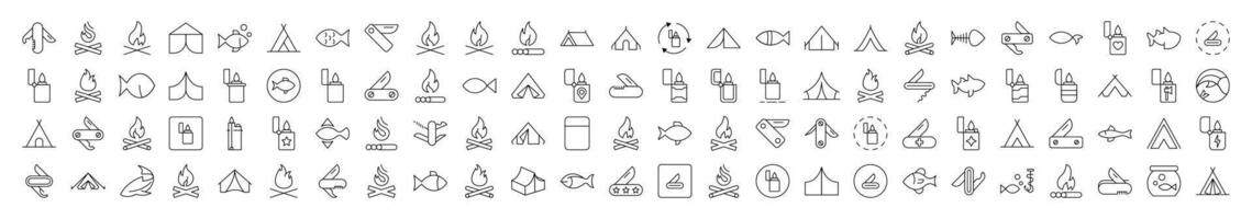 Camping Isolated Outline Icons. Contains such Elements as Bonfire, Fish, Folding Knife, Tent, Lighter. It Can Be Used for Interface, Posts, Advertisements, Various Cards vector