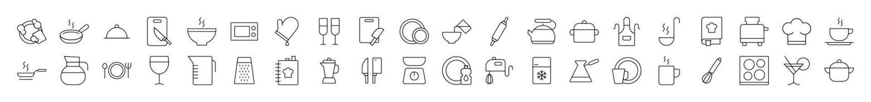 Kitchen and Cooking Simple Linear Illustrations. Contains Icons of Cutting Board, Frying Pan, Cutlery, Cookbook that Can Be Used for Design of Cards, Posts, Apps, Wen Sites vector