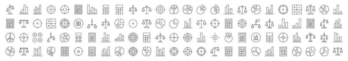 Scales, Target, Calculator, Diagram, Business Line Icon Set. Editable Stroke. Minimalistic Linear Pictogram for Design of Cards, Apps, Banners, Posts vector