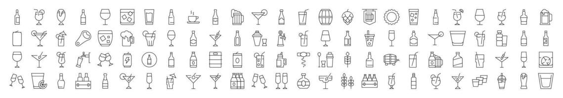 Line Icon Set of Soft Drinks and Alcohol. Contains Icons of Beer, Cocktail, Bottle that Can Be Used for Design of Cards, Posts, Apps, Web Sites vector